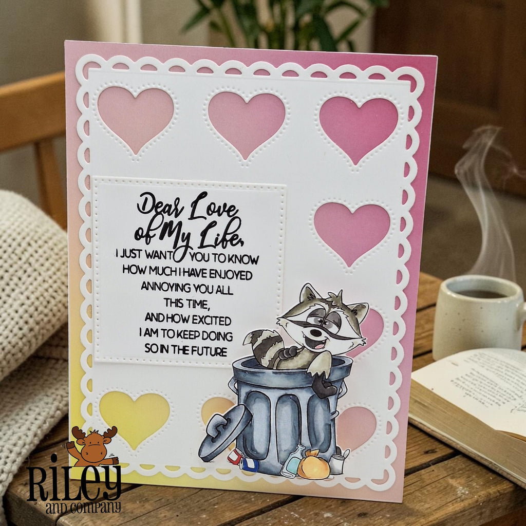 Riley and Company Trash Can Pandas Clear Stamp and Die Set lots of hearts
