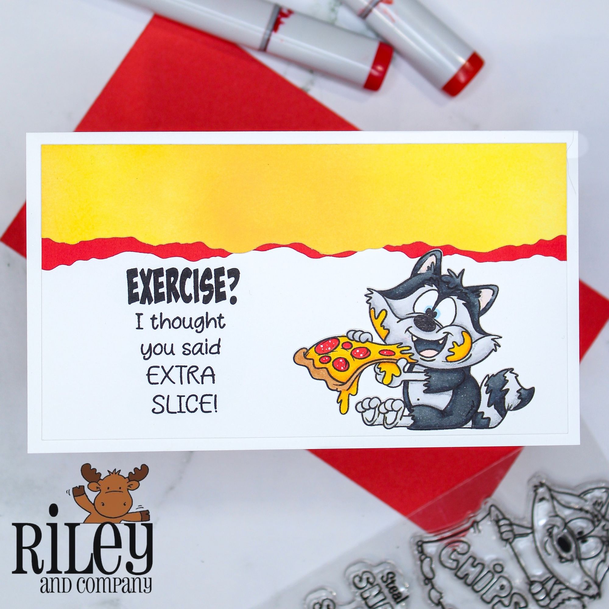 Riley and Company Trash Can Pandas Clear Stamps rclr2032 eating pizza