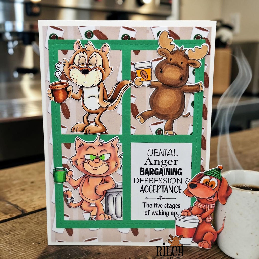 Riley and Company Woody and Hazel Fall Fun Dies rd2005 critters having coffee card