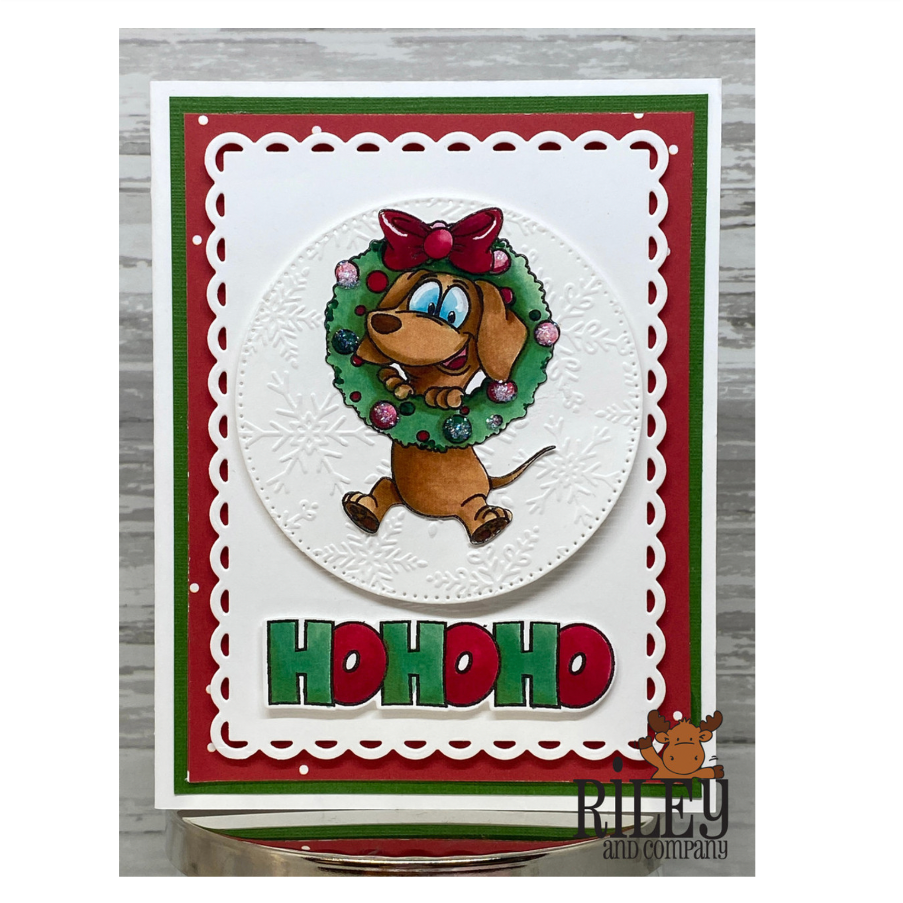 Riley and Company Woody and Hazel Jean Ho Ho Ho Clear Stamps rlcr2001 red bow