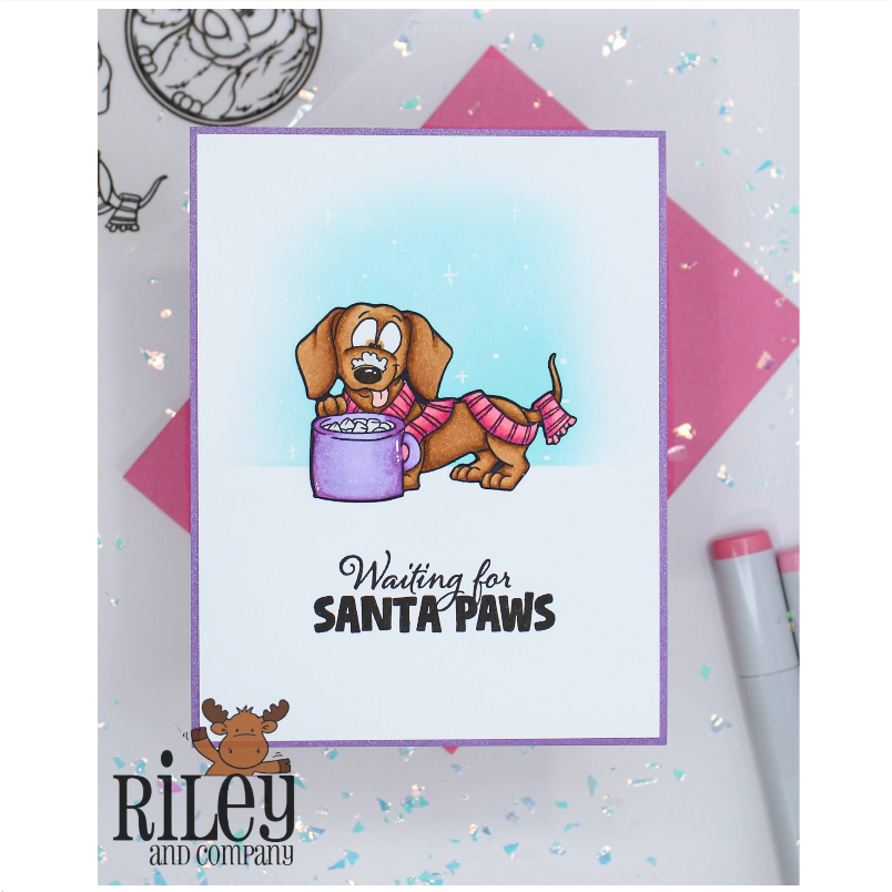 Riley and Company Woody and Hazel Ornaments Clear Stamp and Die Set waiting for santa card