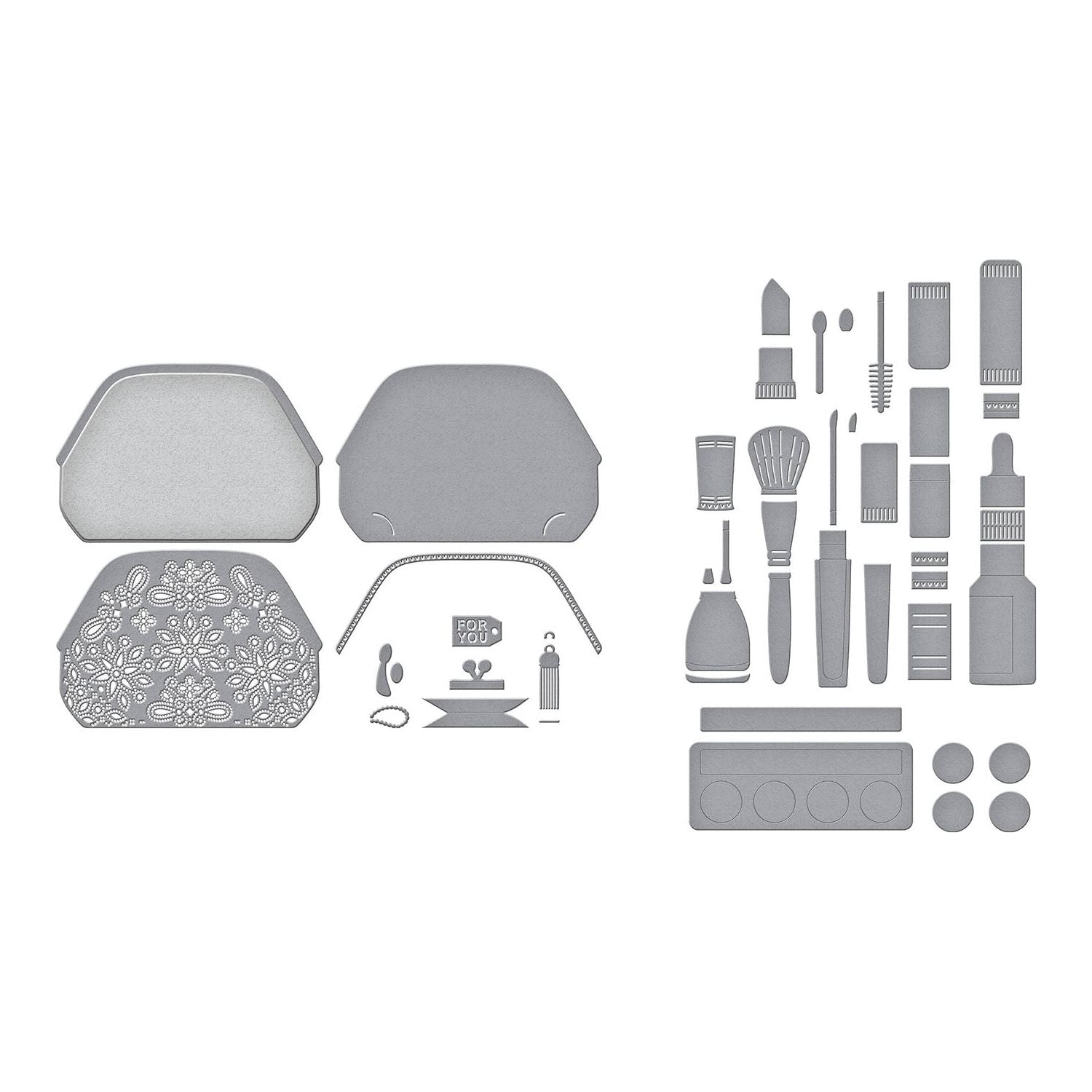 Spellbinders Gorgeous You Makeup and Bag Etched Dies Bundle pieces