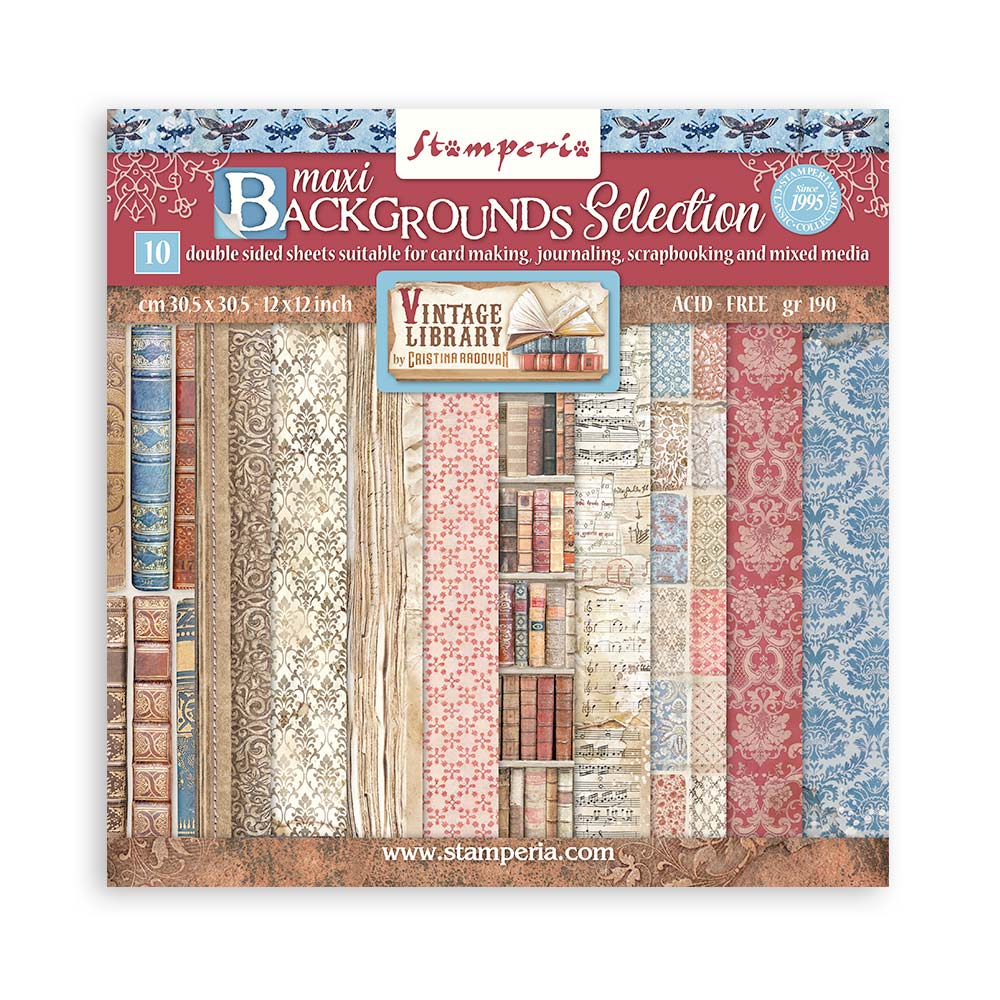 Stamperia Backgrounds Double-Sided Paper Pad 8"X8" 10/Pkg-Vintage Library, 10 Designs/1 Each