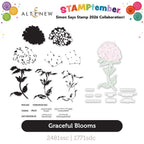 Stampfember x Altenew Graceful Blooms stamp set featuring floral die-cut shapes, stamp blocks, and printed sample text on a white background with product code 2481ssc | 1771sdc.
