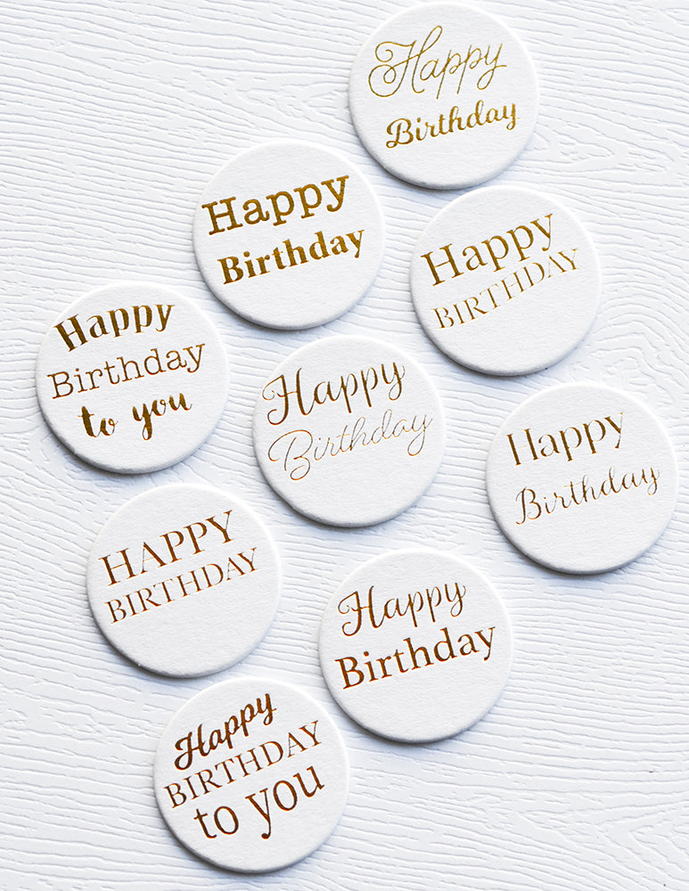 Memory Box Happy Birthday Foil Greetings White Circle Tabs st010 sentiments