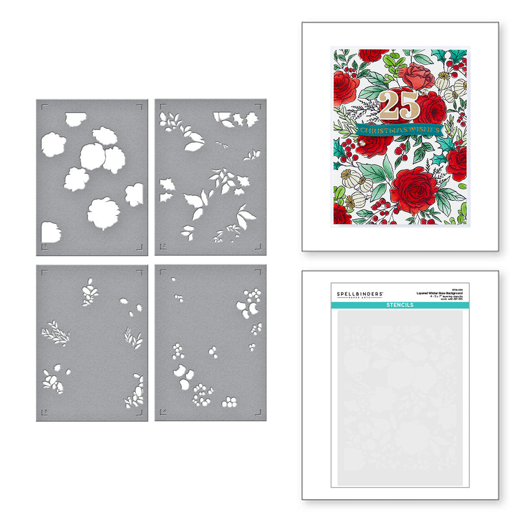 Spellbinders Winter Rose Background BetterPress and Stencil Set bd-0879 parts