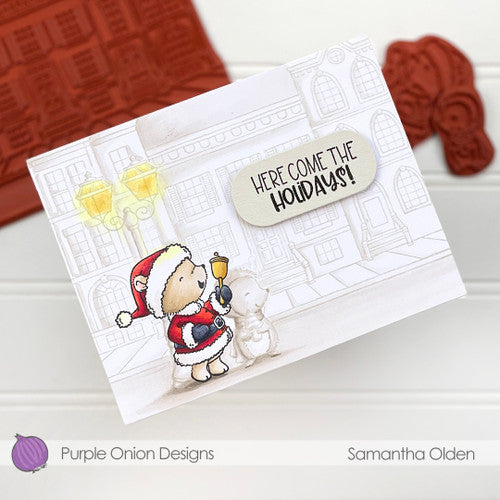 Purple Onion Designs Nick Cling Stamp pod1351 Minimalist Christmas City Scene Card