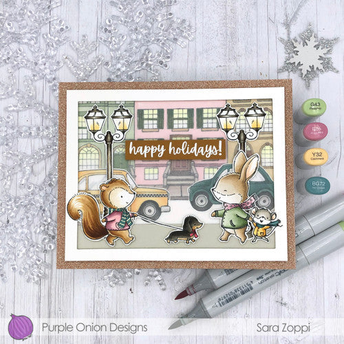 Purple Onion Designs Butterscotch And Doxie Cling Stamp pod1354 Happy Holidays City Card
