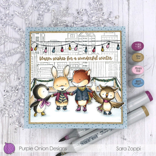 Purple Onion Designs Cleo And Archie Cling Stamp pod1364 Warm Wishes City Christmas Card