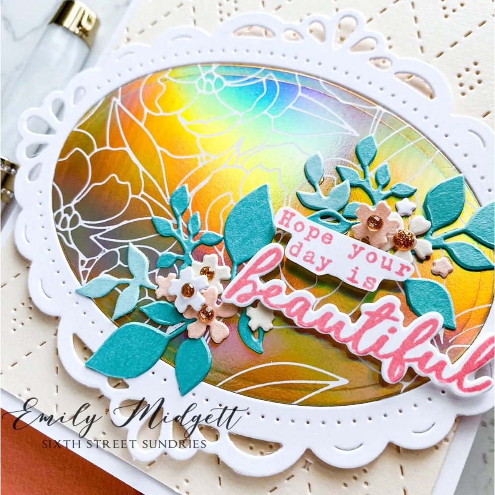 PinkFresh Studio Pretty Blossoms Hot Foil Plate 200523 Beautiful Day Card | color-code:ALT01