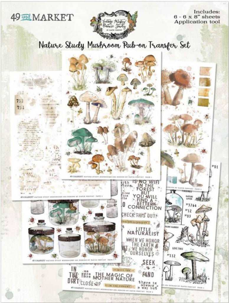 49 and Market Vintage Artistry Nature Study Mushrooms 6x8 inch Rub On Transfer Sheets NS-23305