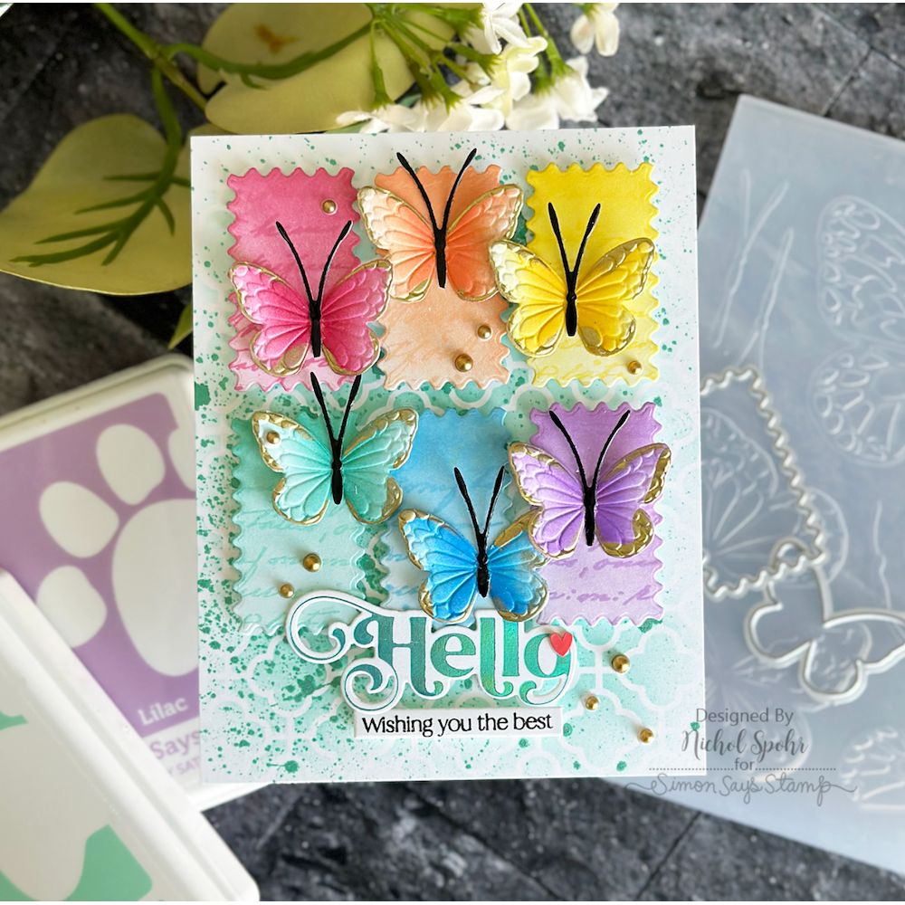 Tim Holtz Distress MERRY MINT Mica Stain Ranger distmicsmm Gilded Rainbow Butterflies Hello Card | color-code:ALT01