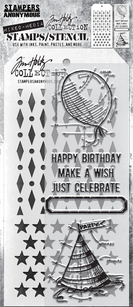 Tim Holtz Clear Stamps and Stencil BIRTHDAY THMM143