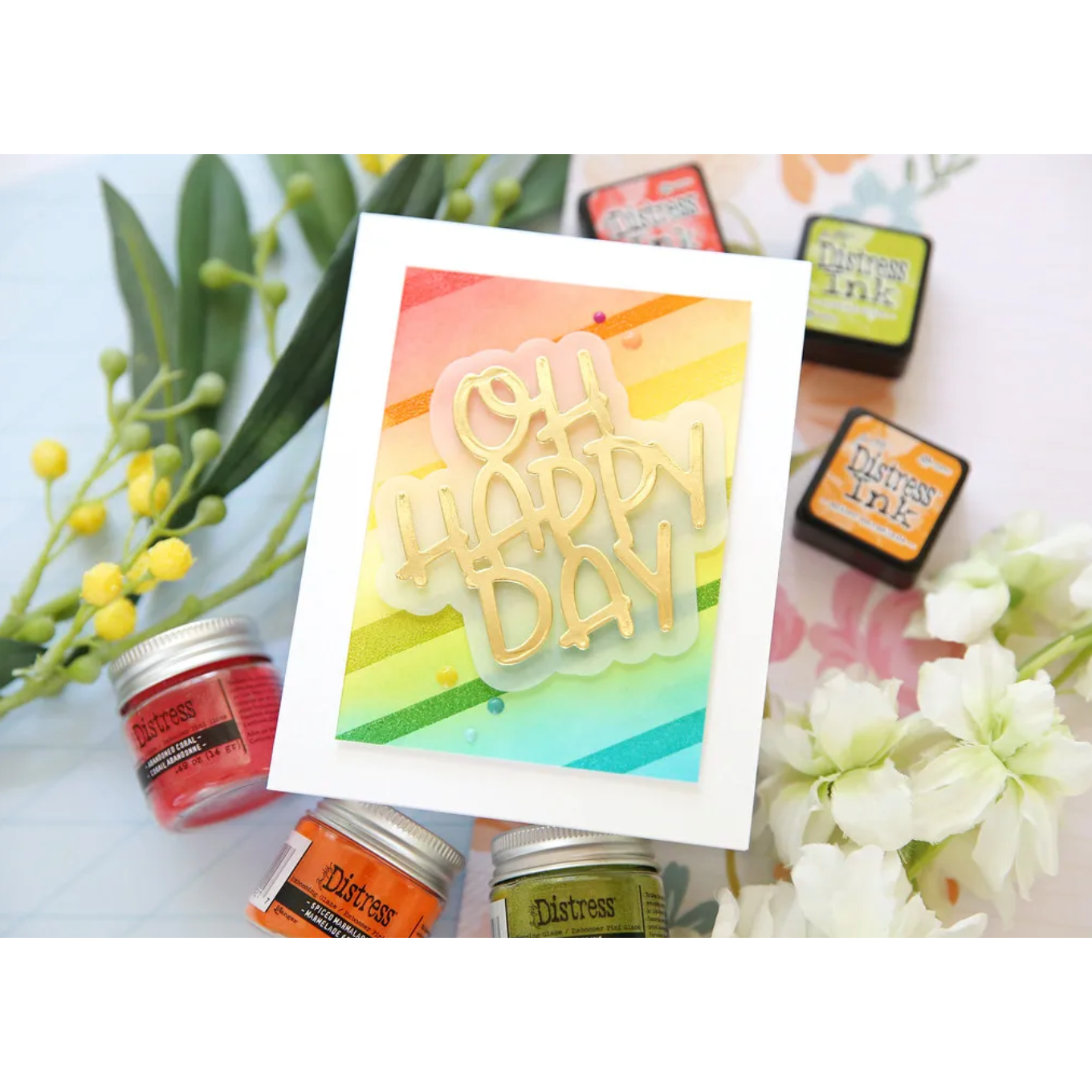 Tim Holtz Distress Embossing Glaze Abandoned Coral Ranger tde84051 Bright Oh Happy Day Card | color-code:ALT03