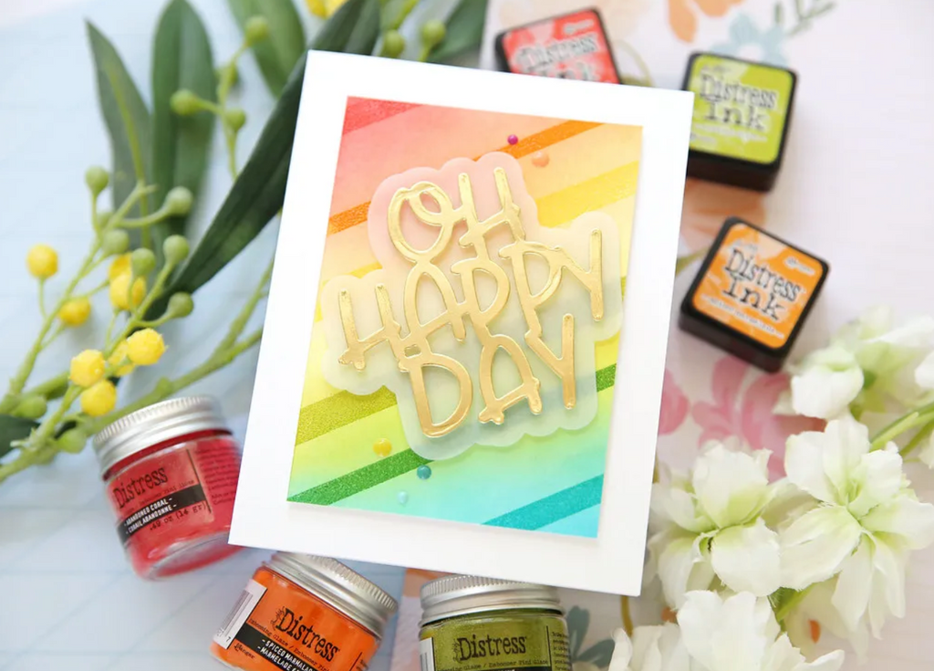 Tim Holtz Distress Embossing Glaze Abandoned Coral Ranger tde84051 Bright Oh Happy Day Card | color-code:ALT03