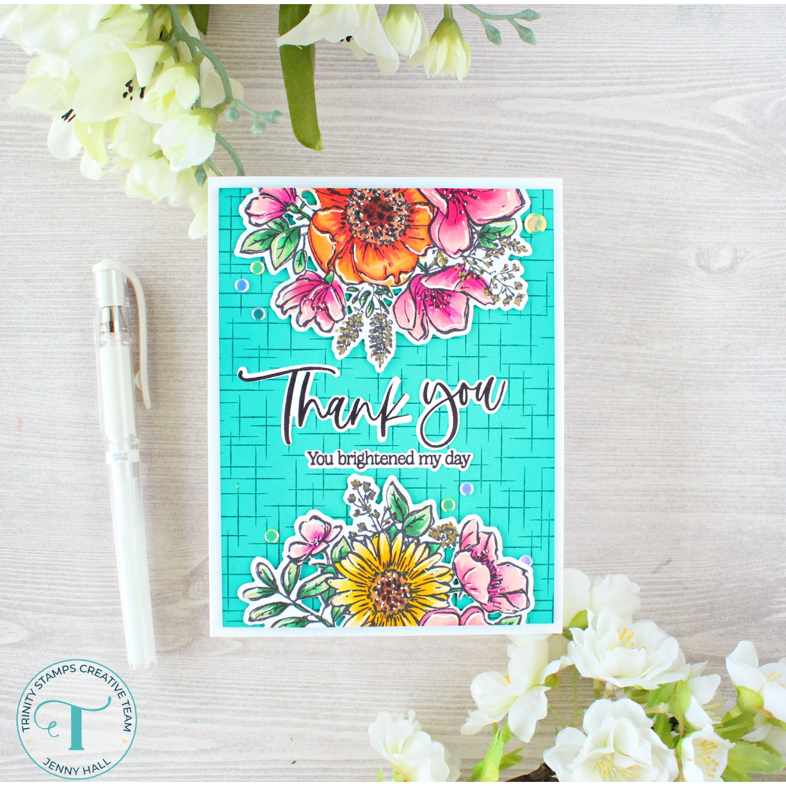Trinity Stamps Sketchy Florals Clear Stamps tps-269 Jenny Hall Thank You Card
