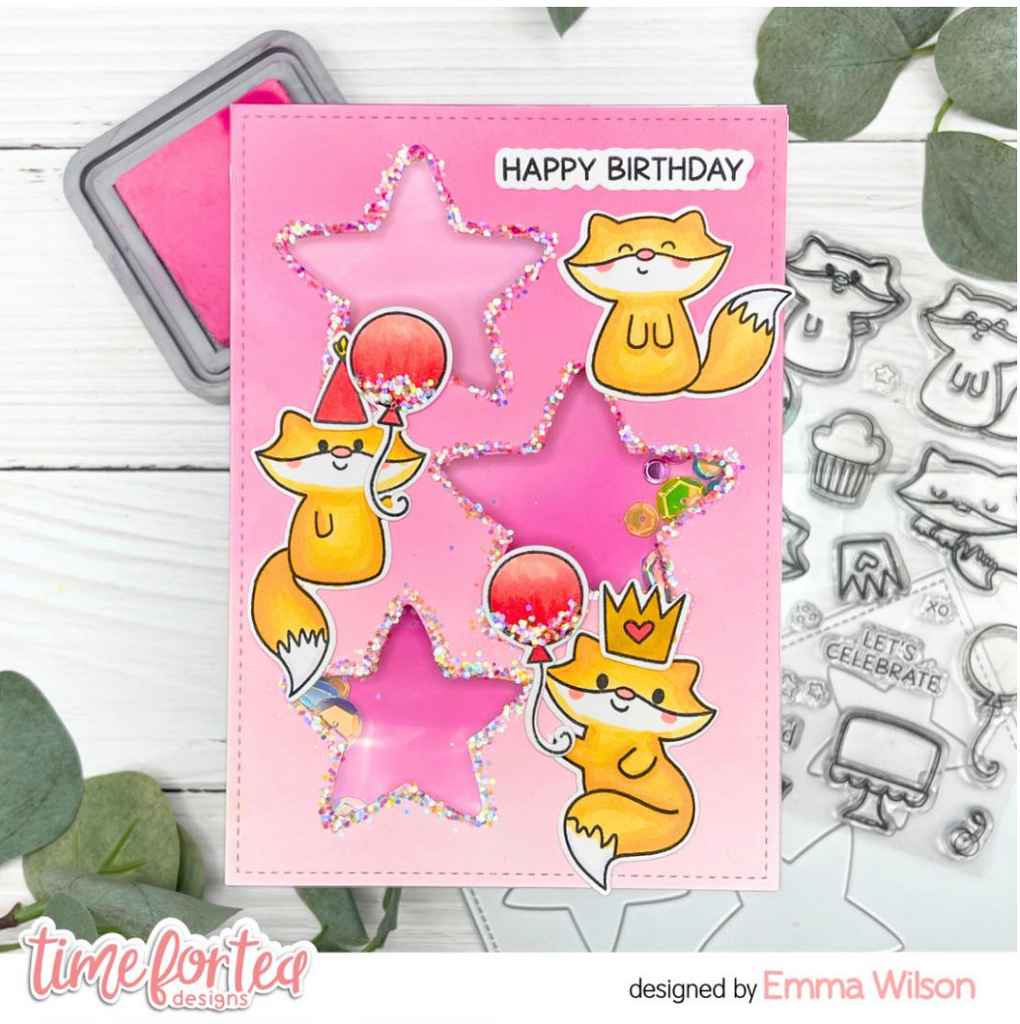 Time for Tea Designs Birthday Fox Clear Stamps shaker card