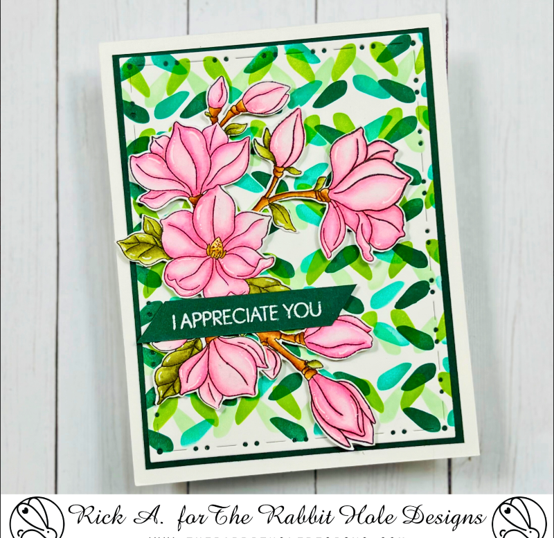 The Rabbit Hole Designs Mindful Magnolias Clear Stamps trh-223 green background