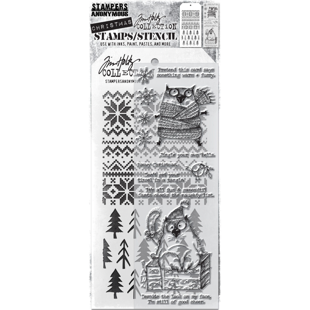 Tim Holtz Clear Stamps and Stencil SNARKY CAT CHRISTMAS THMM134