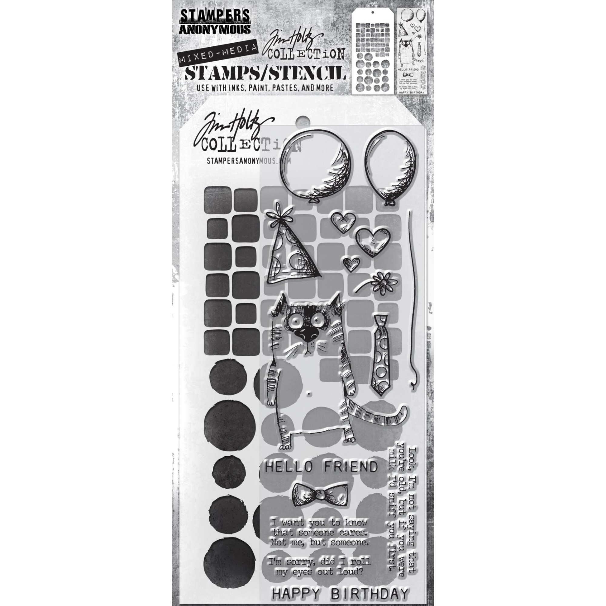 Tim Holtz Clear Stamps and Stencil Snarky Cat, Tiles, and Splotches thmm109