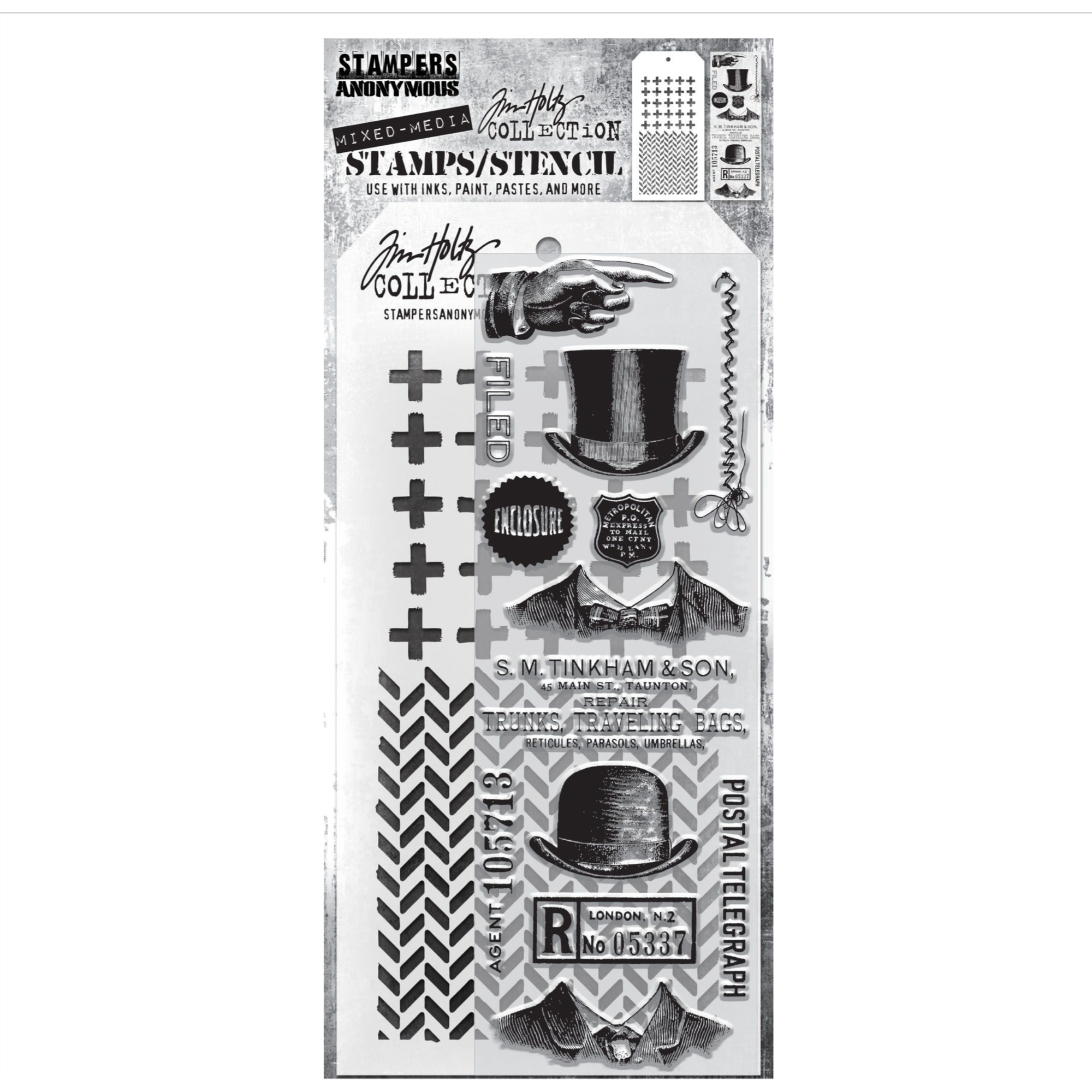 Tim Holtz Clear Stamps and Stencil PLUS AND HERRINGBONE THMM116