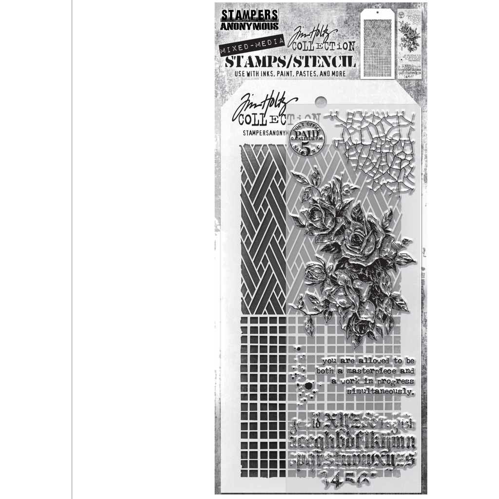 Tim Holtz Clear Stamps and Stencil WOVEN AND LINEN THMM119