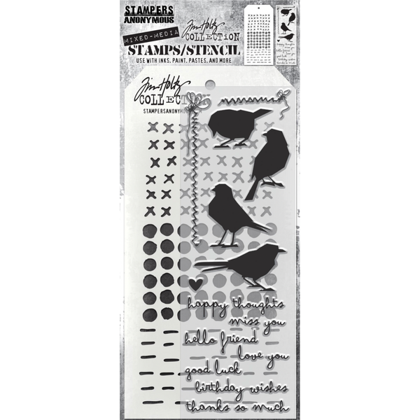 Tim Holtz Clear Stamps and Stencil Silhouette Birds, Stitches