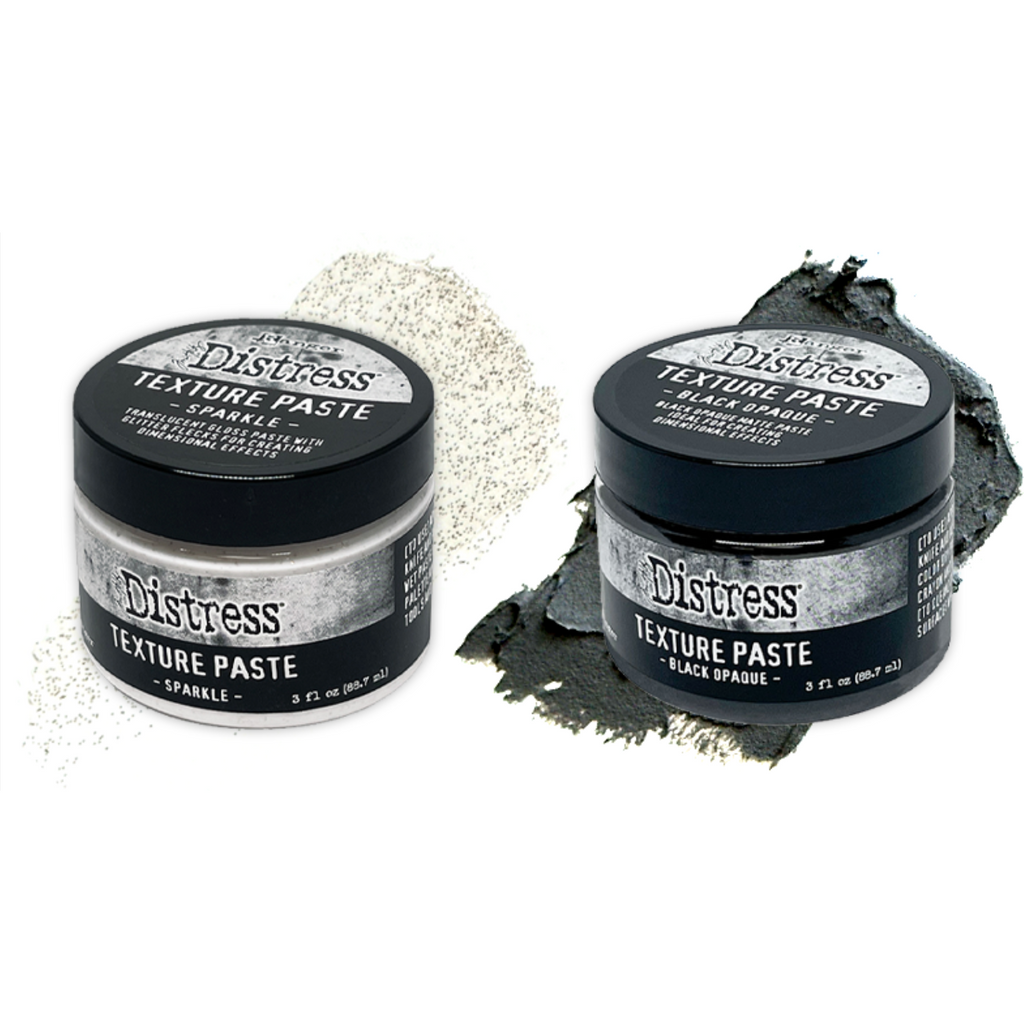 Ranger Tim Holtz Distress Texture Paste Sparkle And Black Opaque Bundle close up