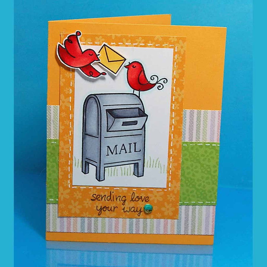 Sending Love Greeting card with mailbox and birds design on a blue background