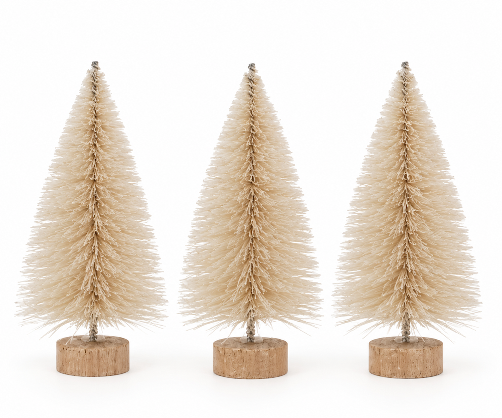 Set of 3 Small Tim Holtz Sisal Bottle Brush Trees with Wood Base