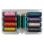 Set of colorful thread spools in a clear plastic case on a white background