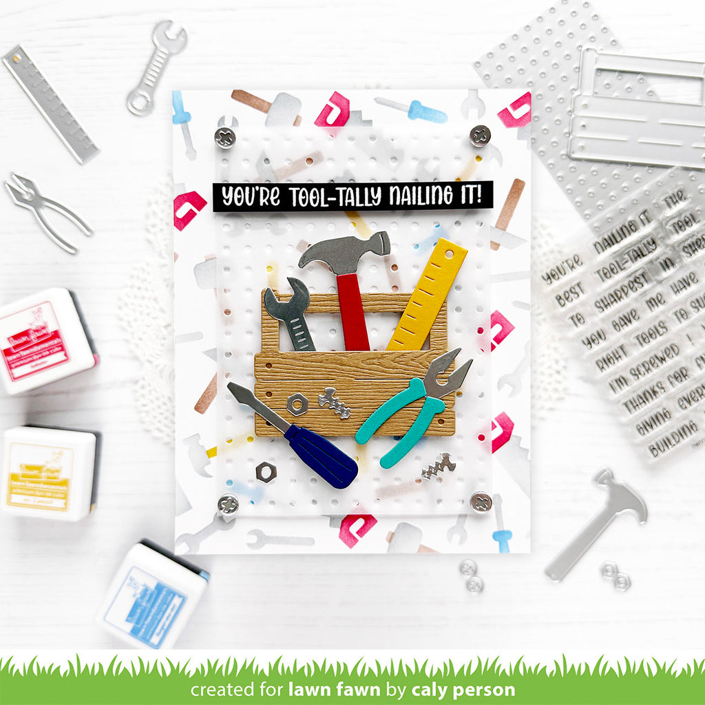 Set of tools and crafting items with a card that says 'You're tool-tally nailin' it!' on a white background.
