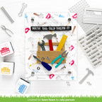 Set of tools and crafting items with a card that says 'You're tool-tally nailin' it!' on a white background.