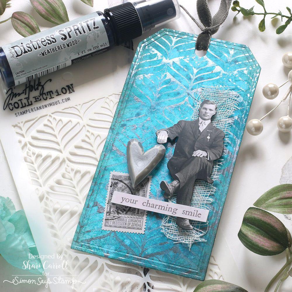 Tim Holtz Weathered Wood Distress Spritz tdu86567 Shari Carroll Your Charming Smile Tag