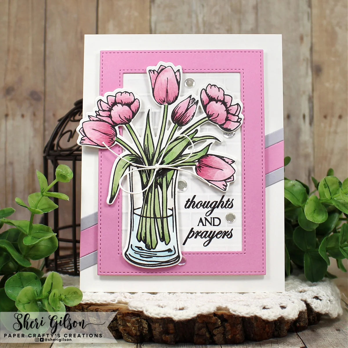 Gina K Designs Beautiful Tulips Stamps mm144 pink flowers with water in vase thoughts and prayers