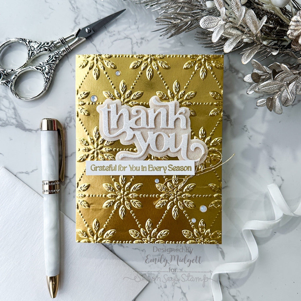 Simon Says Stamp Embossing Folder Shimmer Lattice sf430 Festive Fun Winter Thank You Card | color-code:ALT05