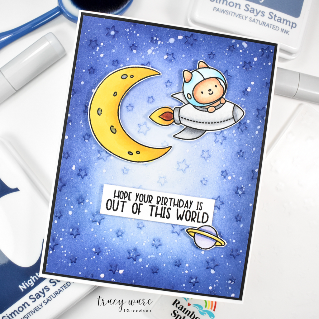 Simon Says Clear Stamps Shoot for the Moon 3236ssc Happy Camper Birthday Card