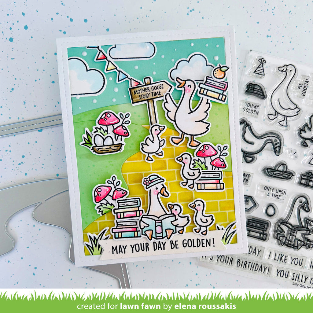 Card with cartoon ducks and stamps on a white background
