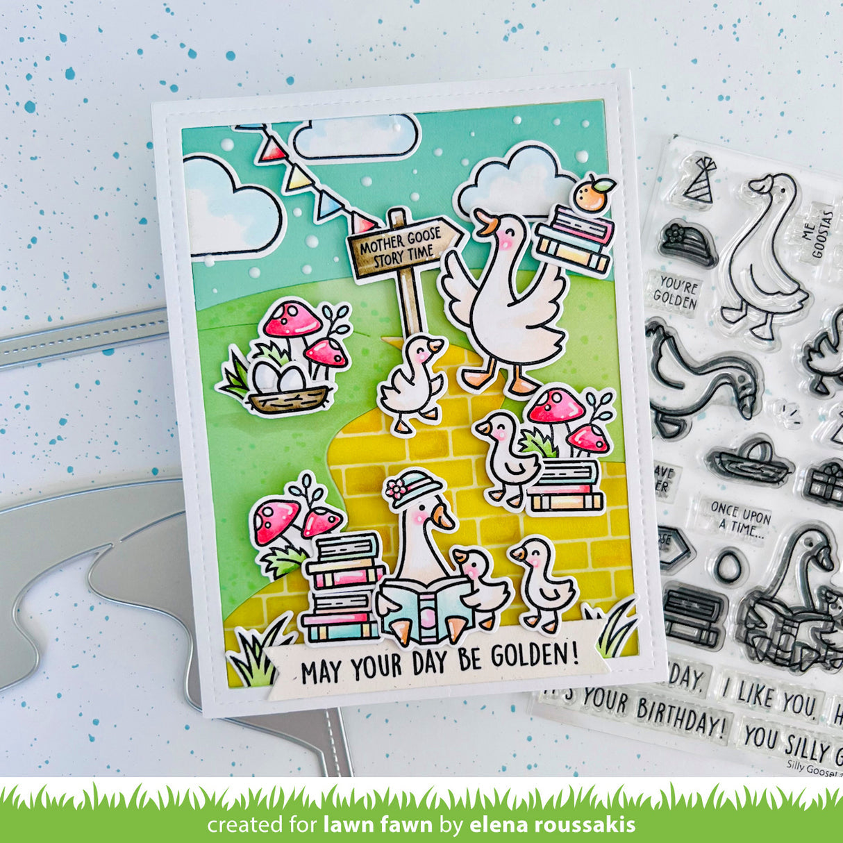 Card with cartoon ducks and stamps on a white background