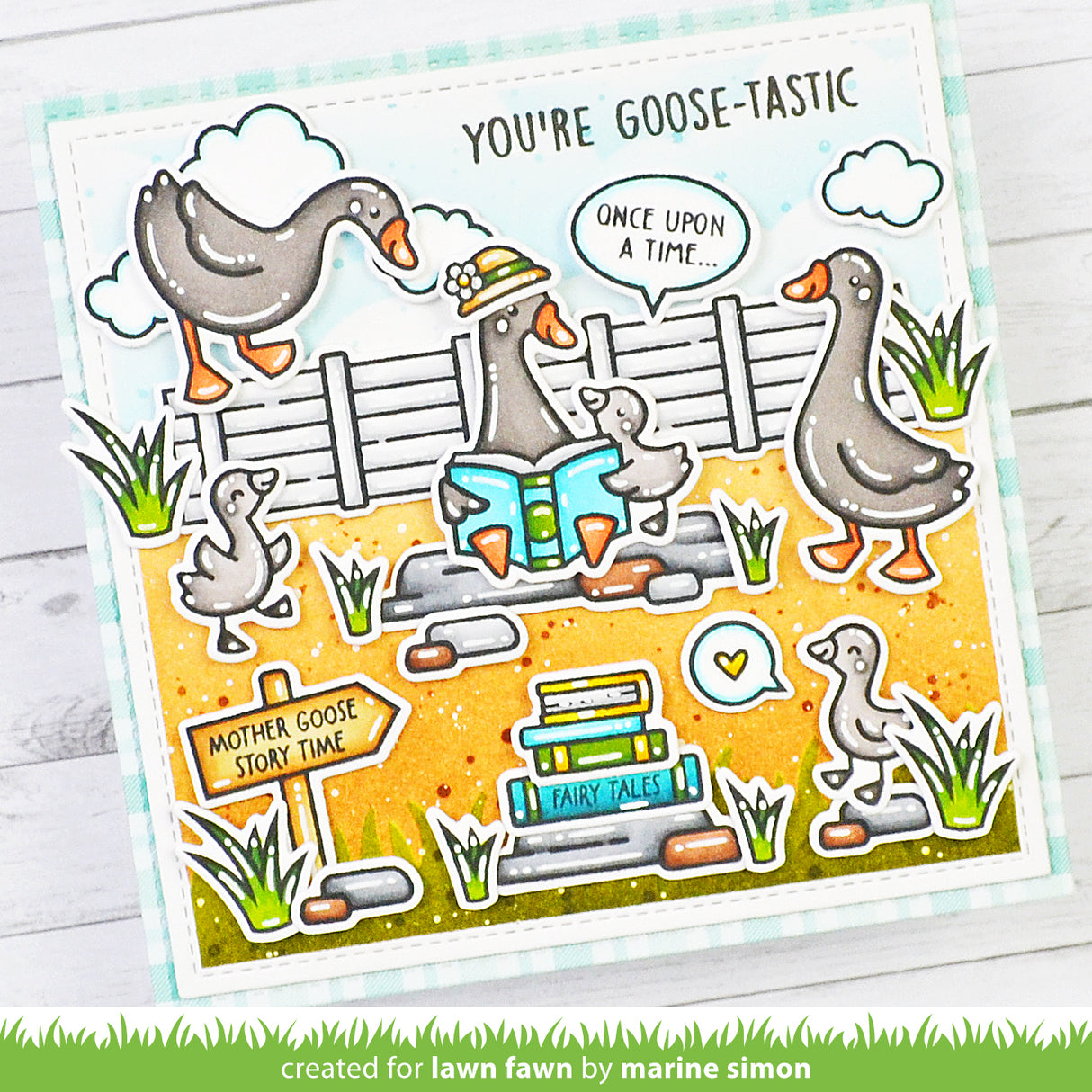 Cartoon-style card with ducks and books on a wooden background