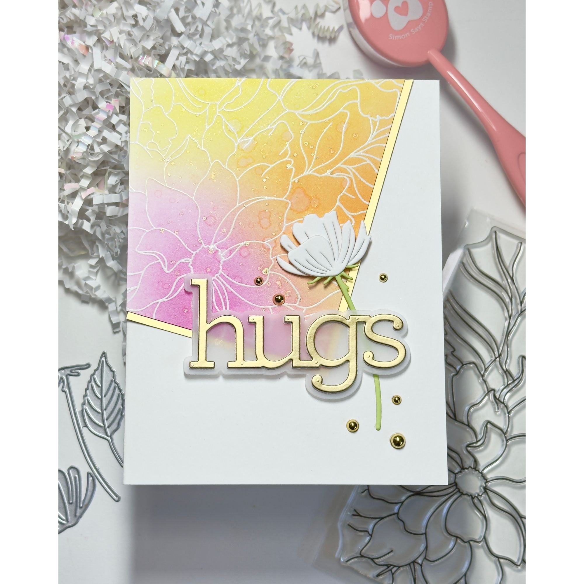 Simon Says Clear Stamp Floral Follies Background 1414ss Stamptember Karen Downs Hugs Card