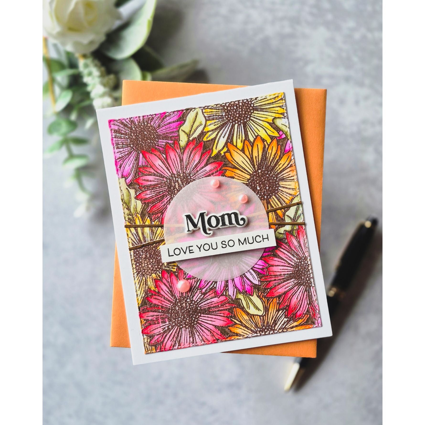 Simon Says Clear Stamp Gerbera Daisy Background sss102014 In My Heart Love You So Much, Mom Card