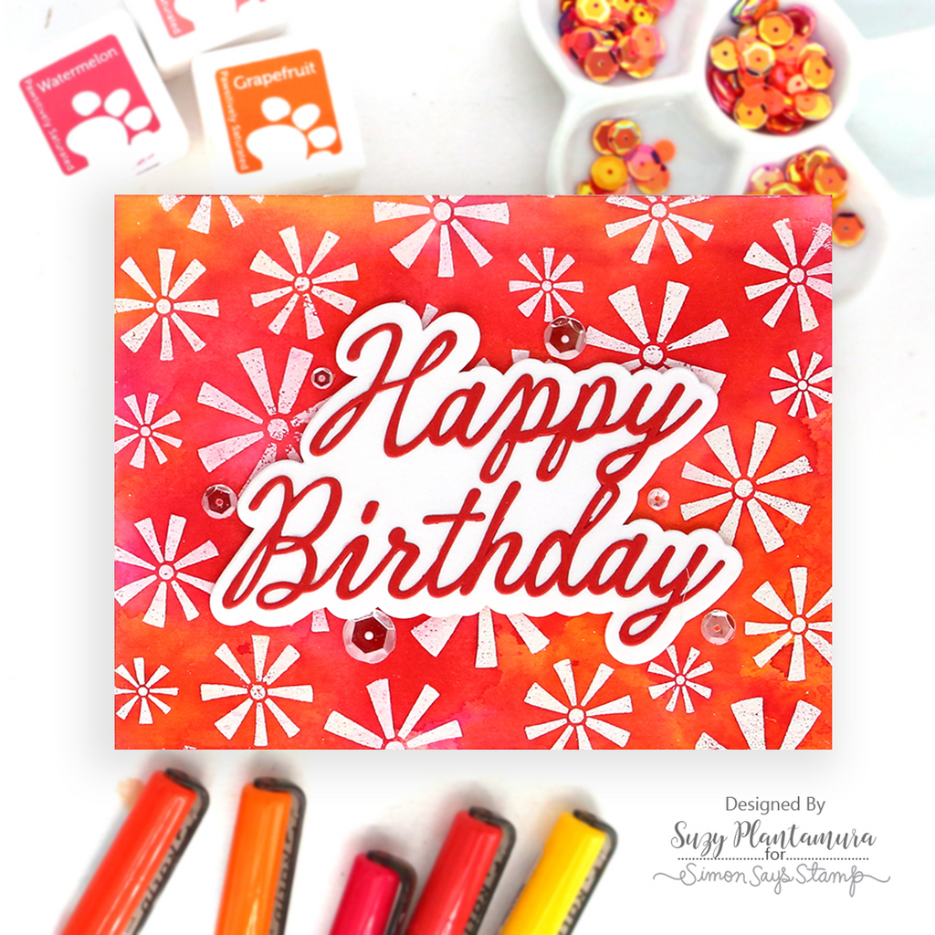 Simon Says Clear Stamp Pinwheel Party Background 1347ss Beautiful Moments Suzy Plantamura Vibrant Orange Birthday Card | color-code:ALT08