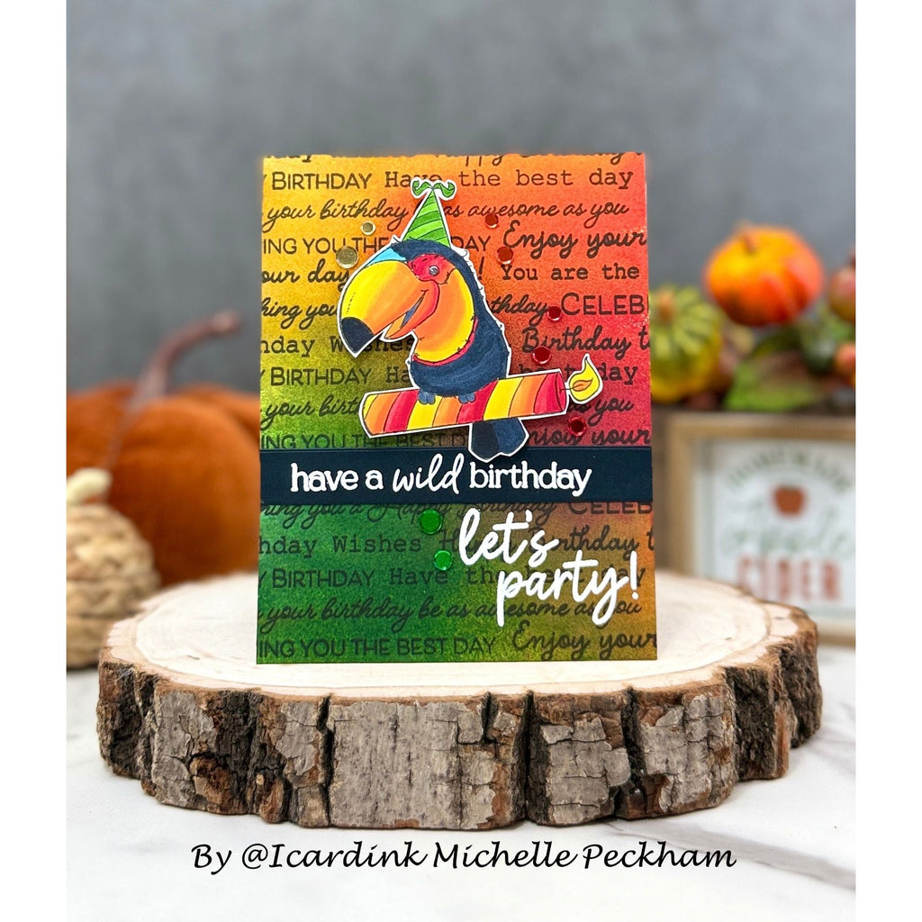 Simon Says Clear Stamp Scripty Birthday Background 1270ss STAMPtember Bold Parrott Birthday Card Michelle Peckham 