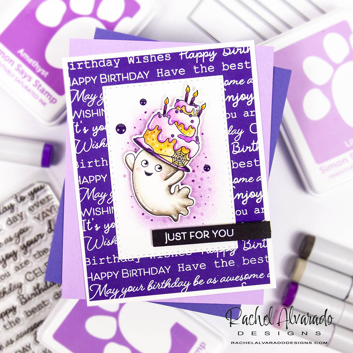 Simon Says Clear Stamp Scripty Birthday Background 1270ss STAMPtember Ghostly Purple Birthday Card Rachel Alvarado