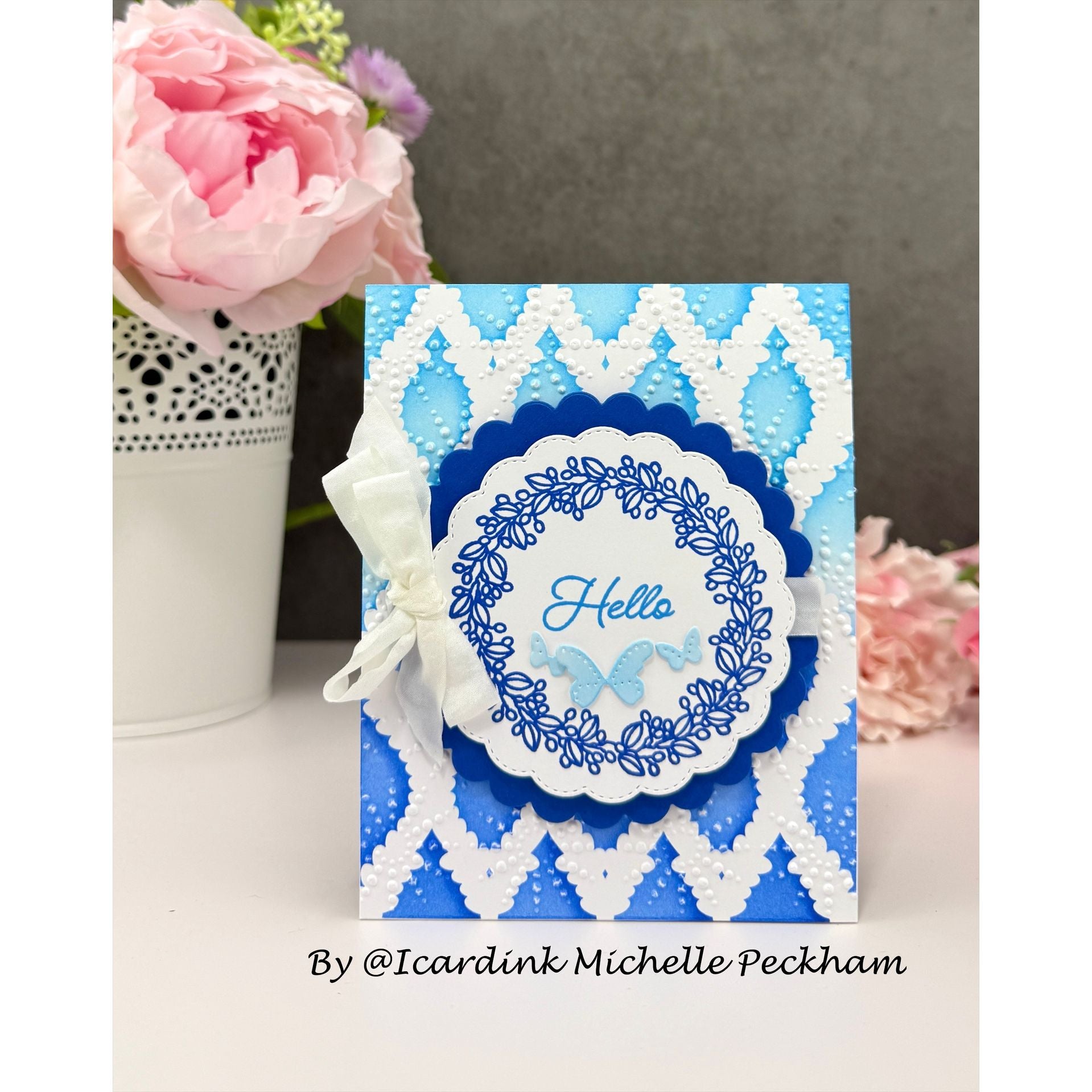 Simon Says Clear Stamps Beautiful Day 1387ssc Blue Hello with White Bow Card Michelle Peckham