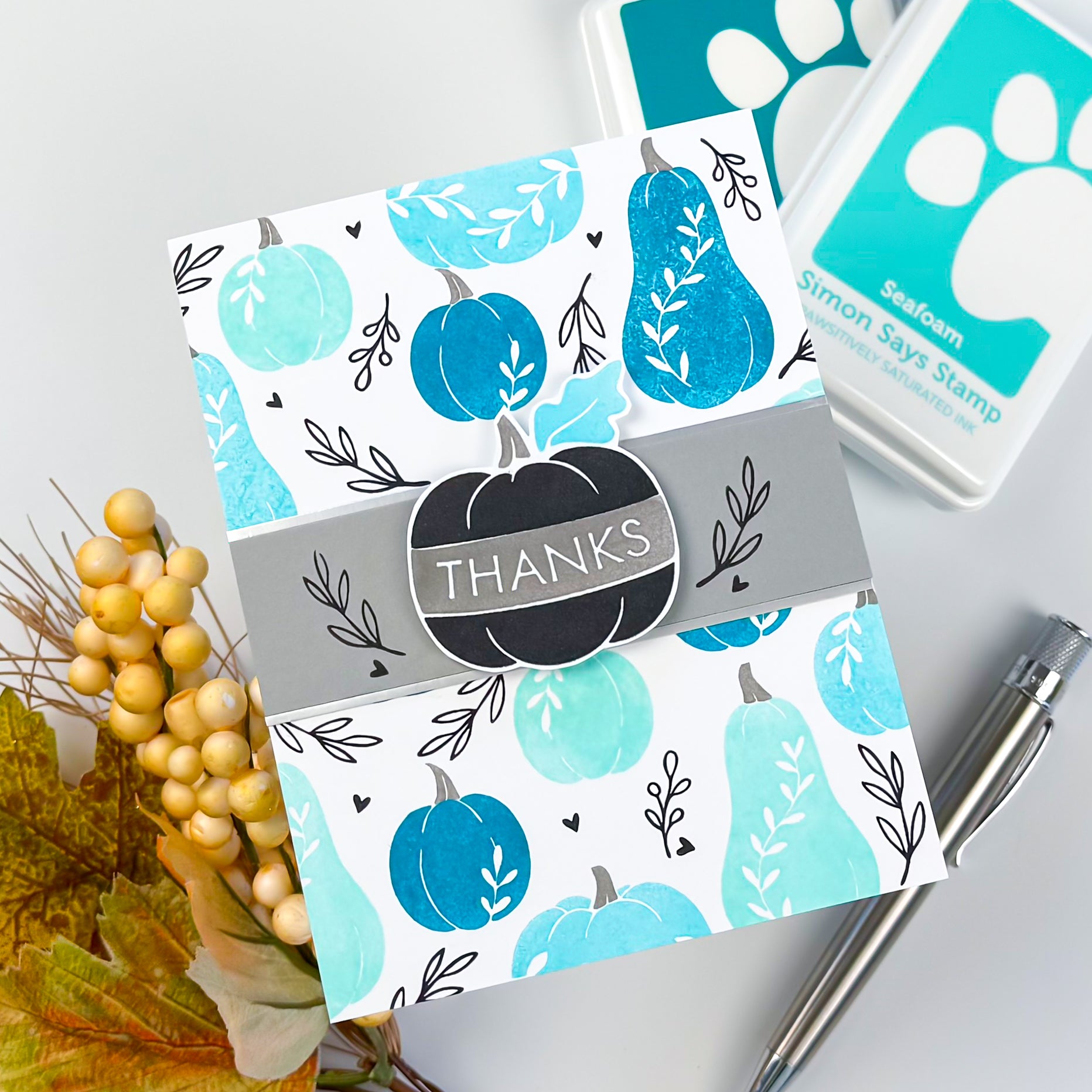 Simon Says Clear Stamps Harvest Blessings 3443ssc Stamptember Charlene Madrid Blue Gourds and Pumpkins Thanks Card