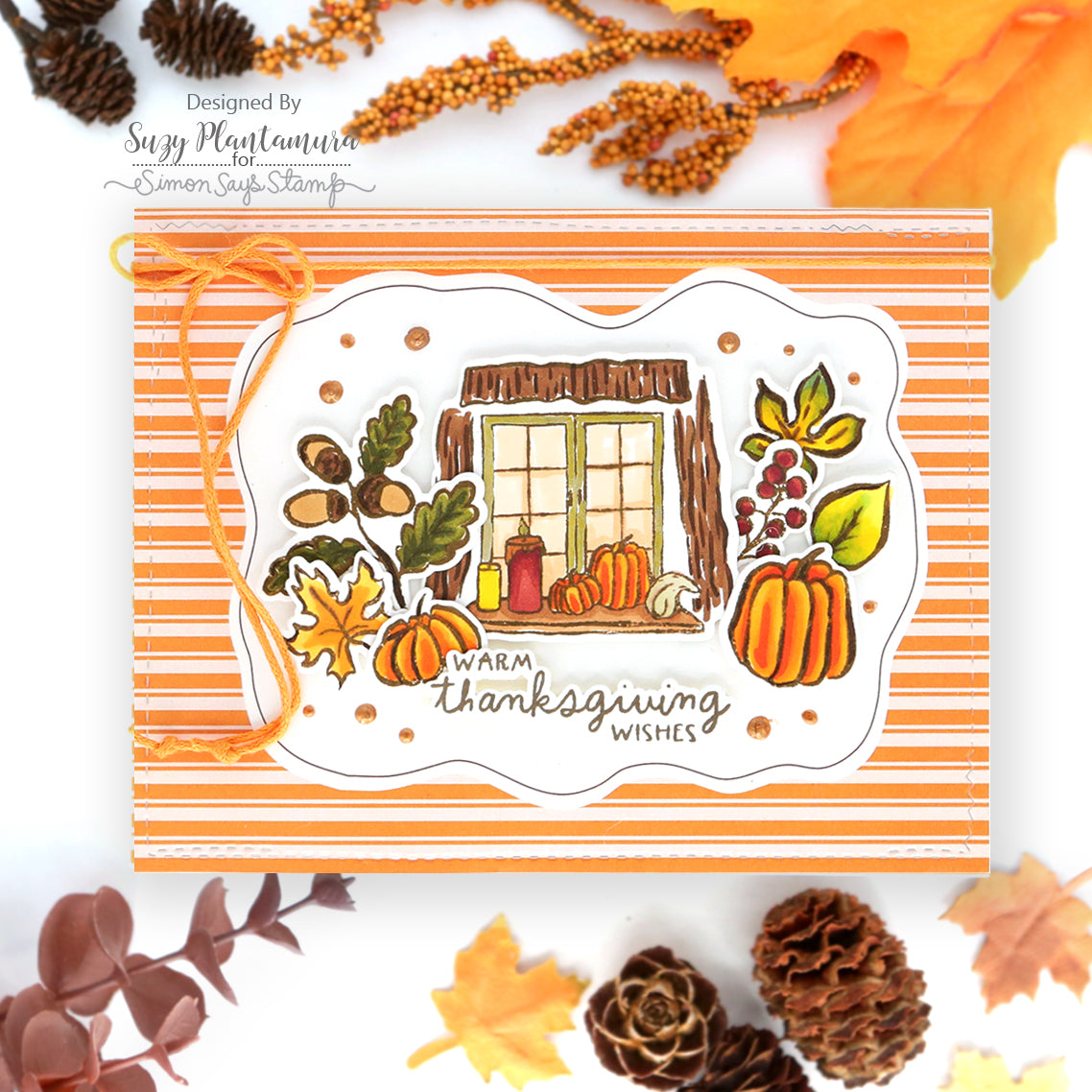 Simon Says Clear Stamps Homespun Gratitude 2508ssc Thanksgiving Card Autumn Windowsill Suzy Plantamura orange stripes