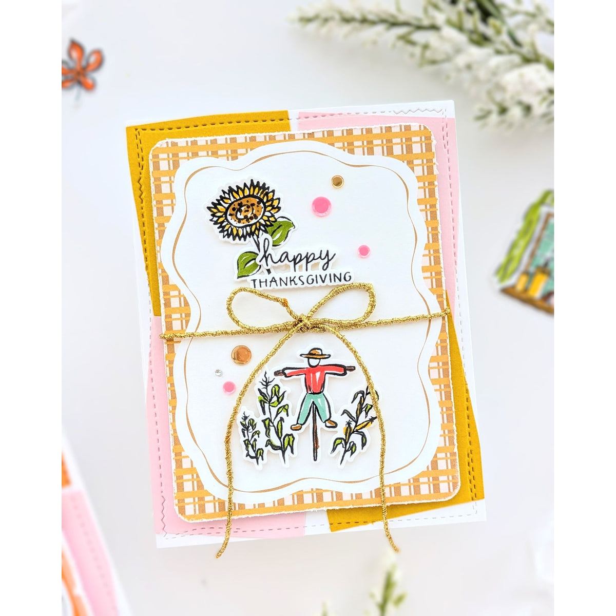 Simon Says Clear Stamps Homespun Thanksgiving 3510ssc Thanksgiving Card with Scarecrow Anne Fiene pink and gold