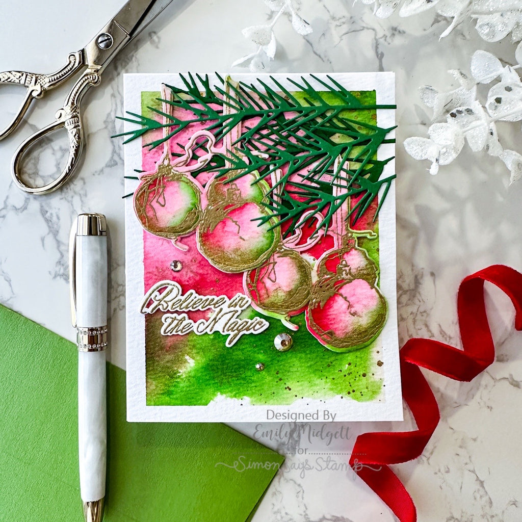 Simon Says Clear Stamps Season of Magic for Tim Holtz Workshop 2491ssc Emily Midgett Dangling Ornaments Christmas Card